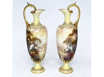 A Pair Of Antique Hand Painted Royal Worcester Hadley Ware Pitchers