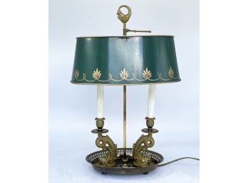 An Antique Brass Desk Lamp With Tole Painted Metal Shade