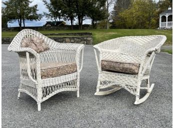 A Pair Of Vintage Wicker Chairs - Arm Chair And Rocker