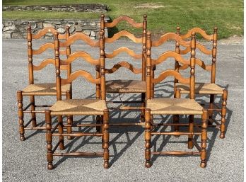 A Set Of 5 Vintage Rush Seated Ladder Back Dining Chairs