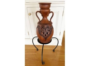 Vintage Carved Pottery On Unique Wrought Iron 3-legged Stand
