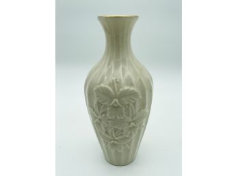 Lenox Ribbed Bud Vase Embossed With Orchid Bouquet And 24K Hand Painted Accent