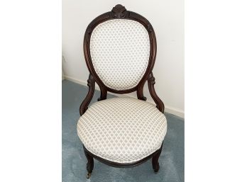 Balloon Back Upholstered Parlor Chair On Casters (one Leg Needs Repair)