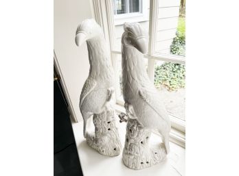 Porcelain Tall Bird Figurines (Set Of 2) One With Crack On Wing (see Photos)