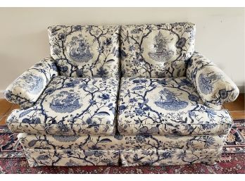 Blue & White Asian Upholstery Loveseat (Slight Fading On Arms)
