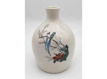 Crackle Porcelain Small Vase With Two Asian Bird/parrots On Cherry Blossom Branch