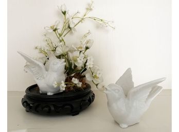 Pair Of Small White Porcelain Sparrow Birds And Faux Flowers