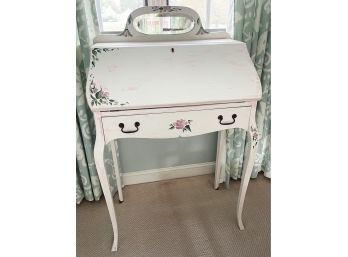 Antique Secretary Desk With Vanity Mirror Painted Distressed White With Pink Floral Design