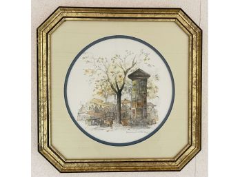 Isreal Marketplace Watercolor/etching Print In Vintage Frame