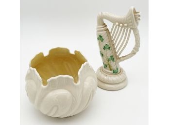 Belleek Ireland Porcelain Pieces - Set Of 2 (Vase And Harp)