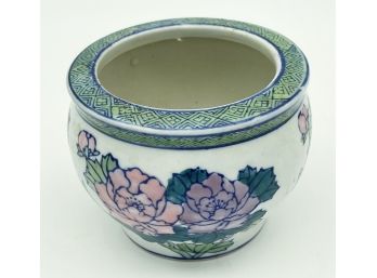 Very Small Asian Planter With Pink And Green Lotus