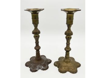 Antique Brass Candlesticks From India - Floral Bottom - Set Of 2