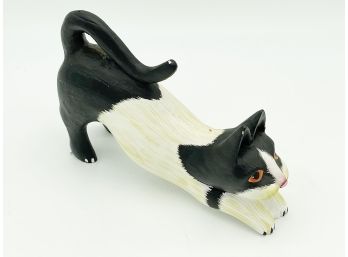 Small Figuring Black And White Wooden Cat In Dog Pose