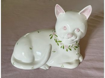 Ceramic White Cat With Pink And Green Accents