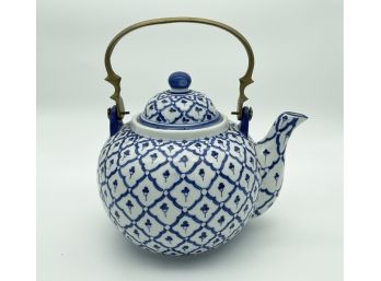 Blue & White Teapot With Brass Handle Handpainted In Thailand