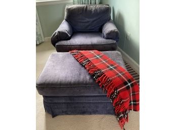 Blue Upholstered Chair And Ottoman With Red Blanket Throw (fading On Chair)