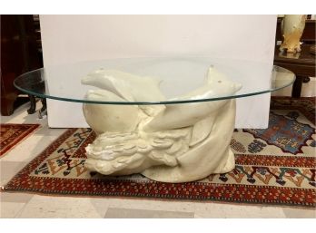 Vintage Glass Top Dolphin Sculpture Coffee Table
