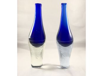 Vintage Pair Of Cobalt Blue Murano Glass Vases With Corkscrew Accents