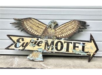 Large Antique Weathered Eyrie Motel Advertising Wood Sign
