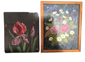 Wall Art, Hand-painted Iris On Slate (signed Pat Riley), Floral Painted Canvas (signed Ruth Delaney)