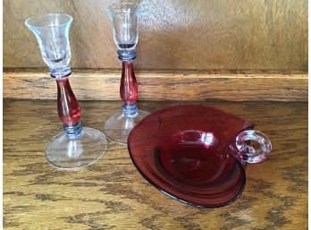 Vintage Pilgrim Cranberry Art Glass Heart Shaped Bowl Dish And Candlesticks