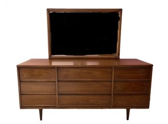 MCM Dixie Furniture 9 Drawer Dresser And Mirror, Walnut