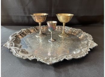 16 Inch Round Silver Plated Tray, Silver Plated Wine Goblets
