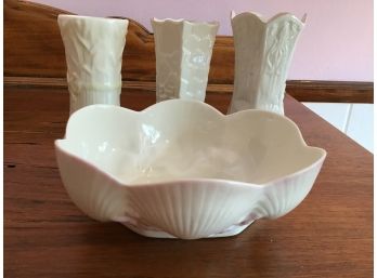 Belleek - 3 Cream Colored Petite Vases And Bowl