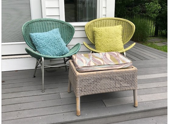 Two MCM Wicker Chairs And Ottoman