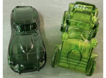 Two Green Glass 'avon' Cars