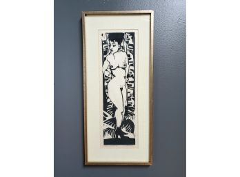 Original 60s Woodblock Print 'Mona In The Birches' By Artist P Leventhal