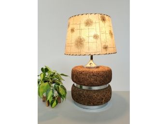 Early 70s Wide Cork Lamp With Fiberglass Shade