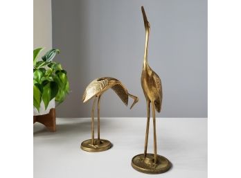 Pair 70s Solid Brass Crane Statuary