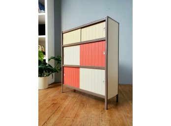 C 1970 Vibrant 3 Shelf Cabinet With Double Sliders