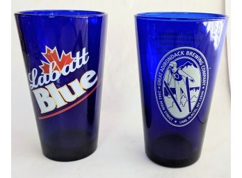Pair Of Blue Tinted Beer Glasses For Labatt Blue And Adirondack Brewing Company 3.5x6'