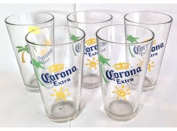 Set Of 5 Corona Extra Heavy Pint Beer Glasses With The Sun And Palm Tree Logo - 3.5x6'