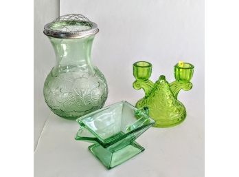 Misc Vintage Green Depression Glassware Candlestick Vase And Gravy Boat