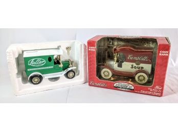 Pair Of Vintage Toy Car Coin Banks From Campbells Soup And Fuller Brush Company - 5' Each