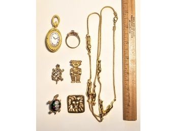 Gorgeous And Distinct Gold Painted Jewelry - Includes Pendants, Pins, A Ring, And A Cat Necklace