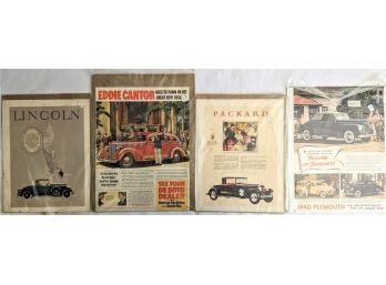 Set Of 4 Mid Century Car Ads For The Lincoln, De Soto, Packard, And 1940 Plymouth
