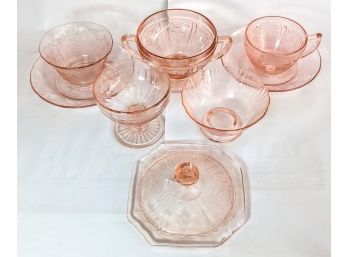 Wedded Set Of Unique Pink Depression Glass Includes Cups Saucers, Creamers , And A Sugar Bowl - 19 Pcs
