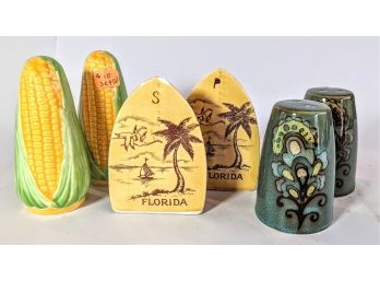 3 Different Mid-century Salt And Pepper Shakers Shaped Like Corn, An Iron, And A Flower - About 4' Each