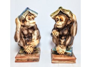 Pair Of Mid Century Ceramic Monkey Book Ends - 7' Each