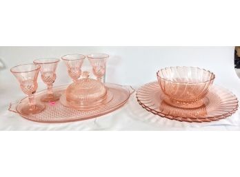 Pink Depression Glass Serving Tray, Champaign Glasses, Plates, And Bowls From The 30s And 40s - 9pc