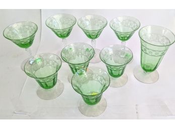 9 Pieces Of Lace Engraved Vintage Uranium Ware Glasses