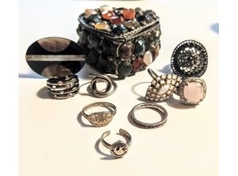Quaint Collection Of Adorable Costume Rings And A Stone Laid Heart Shaped Ring Box