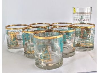 Set Of 7 Vintage Steamboat Glasses With Golden Accents And A Bonus Glass From Calumet Farm