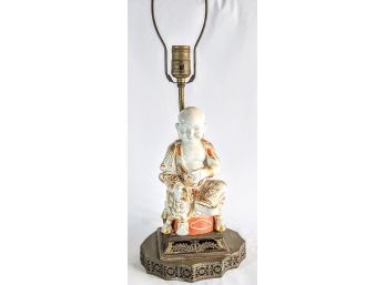 Vintage Japanese Porcelain Male Buddha Lamp With A Detailed Brass Base