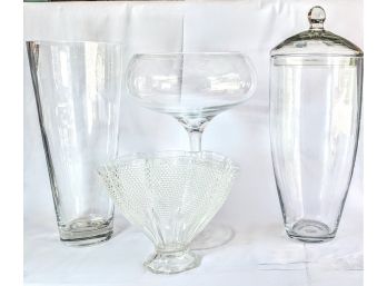 Wedded Set Of Tall, Clear Modern Glass Vases/ Home Decor And A Shorter Depression Era Fan Vase