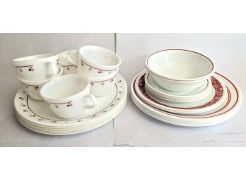 Big Collection Of Mid-century Corelle Fine China With A Simple Red Pattern Includes Cups, Saucers, And Bowls
